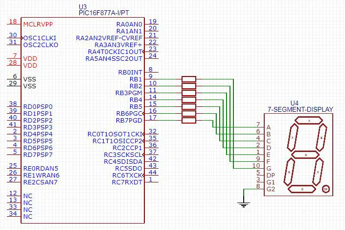 7-Segments Display Schematic - Microchip PIC Embedded Systems Tutorials - LAB3