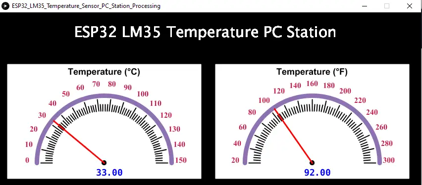 ESP32 Temperature Sensor LM35 Processing Gauge Example PC Station