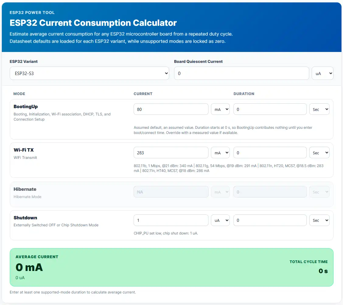 ESP32 Power Consumption (Current Consumption) Calculator