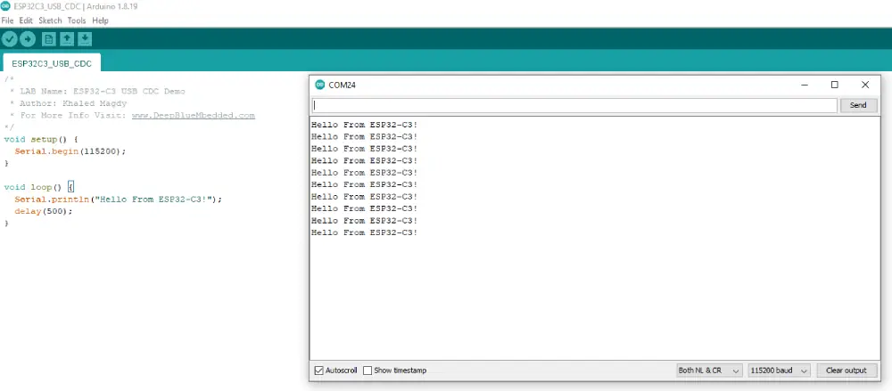ESP32-C3 USB CDC Arduino Example Demo